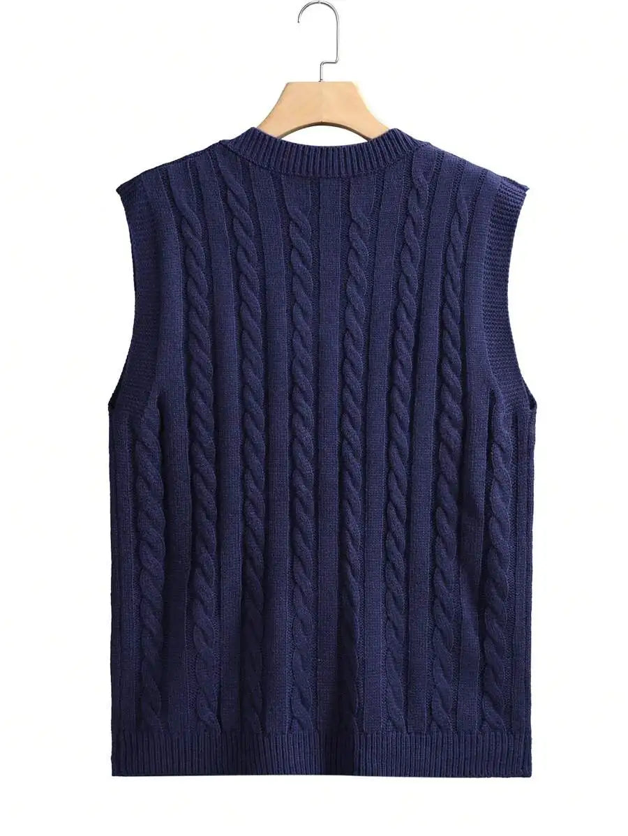 Men's Navy Cable Knit Sleeveless Vest, Casual Layering Piece for Daily Wear