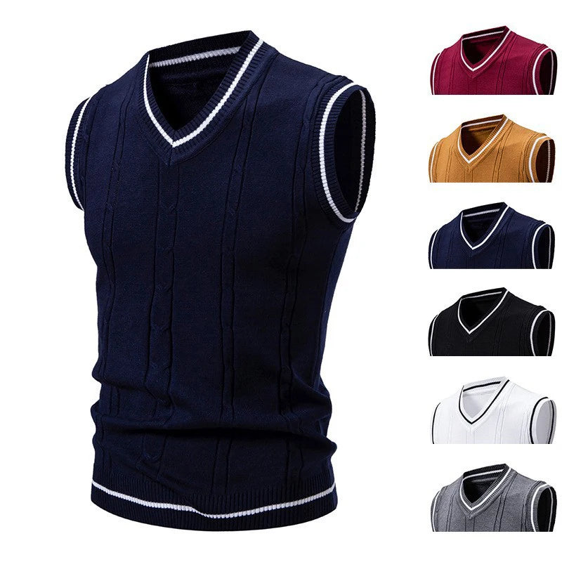 Men Korean Striped Knitted Waistcoat Autumn Winter Casual All-Match Sleeveless Sweater Vest Man Retro Slim V-Neck Pullover Vests