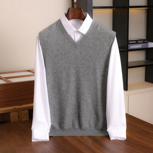 Men's 100% Cashmere Vest Business Casual Knitted Sleeveless V-Neck Jumper Loose Pull over Top Pullover Cashmere Sweater