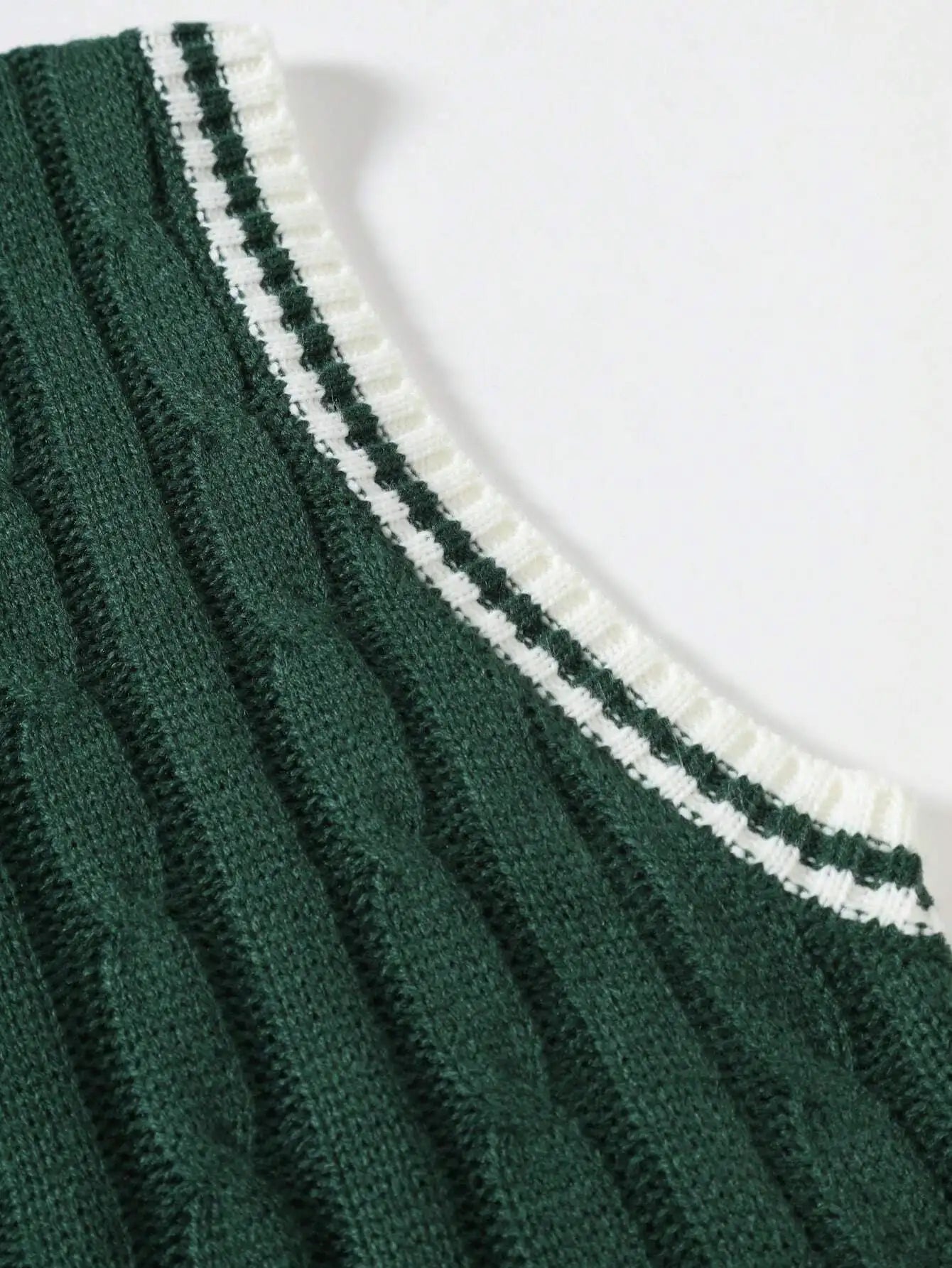 Men's Green Cable Knit V-Neck Sweater Vest with Contrast Trim