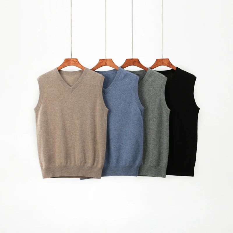 Men's 100% Cashmere Vest Business Casual Knitted Sleeveless V-Neck Jumper Loose Pull over Top Pullover Cashmere Sweater