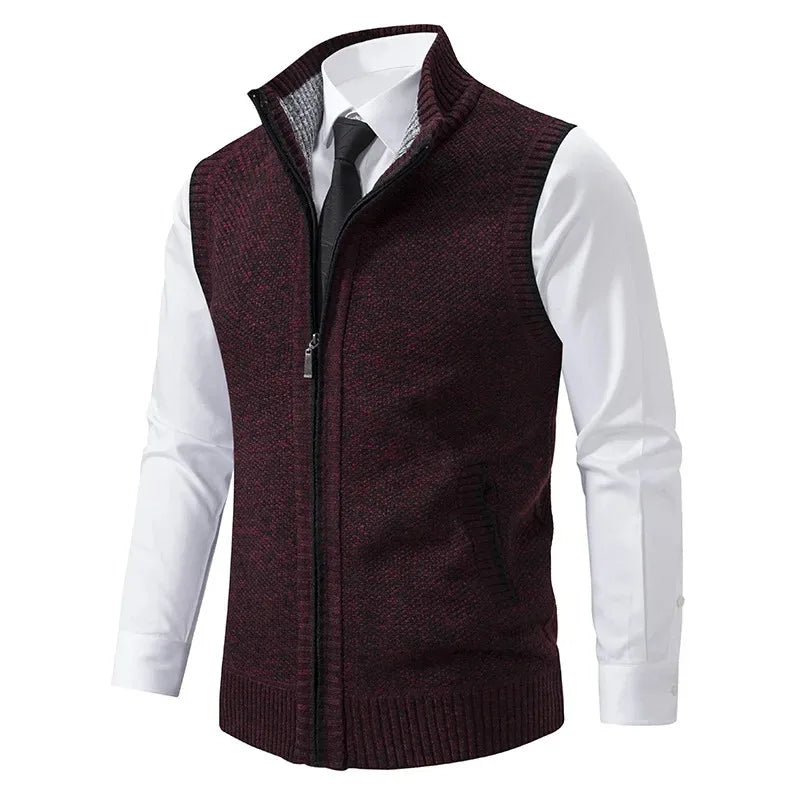 Men's Knitted Sleeveless Sweater Cardigan Zipper Sweater Vest Casual Sleeveless Warm Jacket Slim Fit Stand Collar Sweatercoat