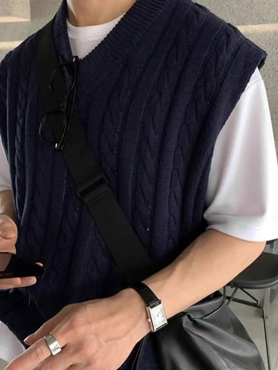 Men's Navy Cable Knit Sleeveless Vest, Casual Layering Piece for Daily Wear